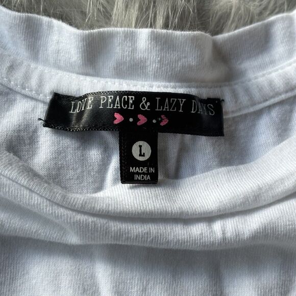 Love Peace & Lazy Days Shirt Sz L Juniors T-shirt White Extra Butter Movie Crop - Picture 4 of 10